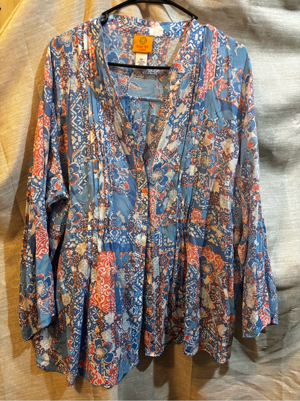 Rusty Blue & Coral Floral Patchwork Button-Front Blouse